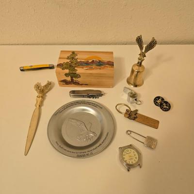 Eagle decor and man cave items Wooden trinket box - eagle bell - eagle letter opener - old watch - keychains - pocketknives and more