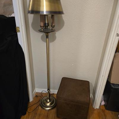 Tole brass gold toned floor lamp with metal shade - comes with a footstool with storage