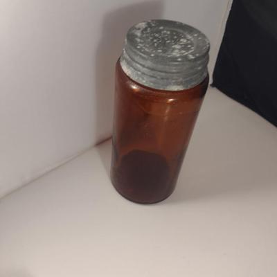 Vintage Amber Glass Jar with Galvanized Lid- Approx 7 1/2" Tall