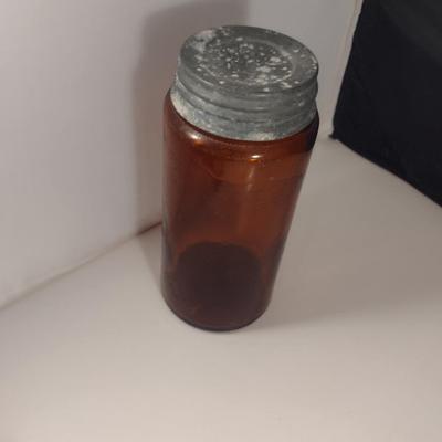 Vintage Amber Glass Jar with Galvanized Lid- Approx 7 1/2" Tall