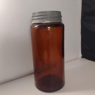 Vintage Amber Glass Jar with Galvanized Lid- Approx 7 1/2" Tall