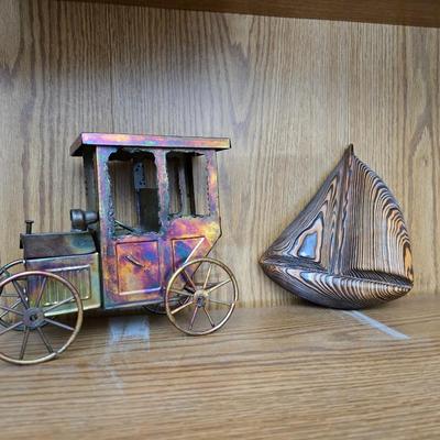 Vintage copper model T music box with movement in the hood plays Tijuana Taxi and a neat wooden sailboat