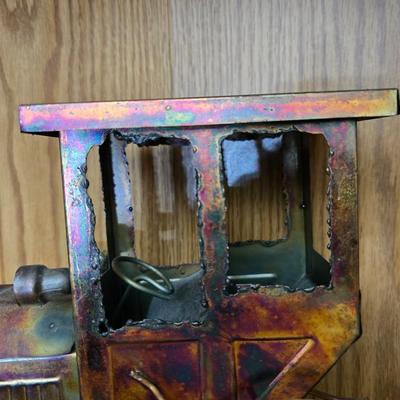 Vintage copper model T music box with movement in the hood plays Tijuana Taxi and a neat wooden sailboat