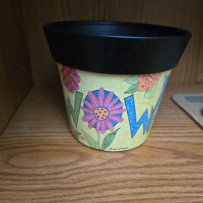 Kitchen herbs grow kit, garden sttake, mom wow planter and a small metal watering can planter