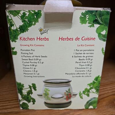 Kitchen herbs grow kit, garden sttake, mom wow planter and a small metal watering can planter