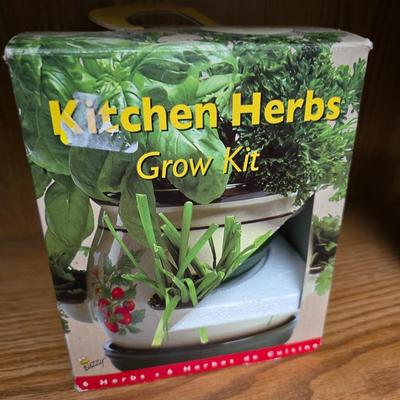 Kitchen herbs grow kit, garden sttake, mom wow planter and a small metal watering can planter