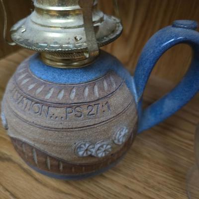Pottery oil lamp "The Lord is my light and my salvaton" Oil lamp with bottle of oil lamp oil