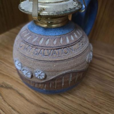 Pottery oil lamp "The Lord is my light and my salvaton" Oil lamp with bottle of oil lamp oil