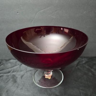 Ruby Red glass grape bowl with a smaller glass bowl and a candle