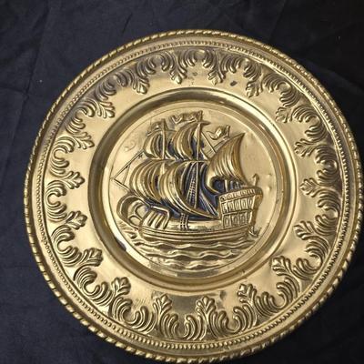 Vintage Brassware hammered look - metal divided bucket, oval metal container and an embossed ship wall hanging