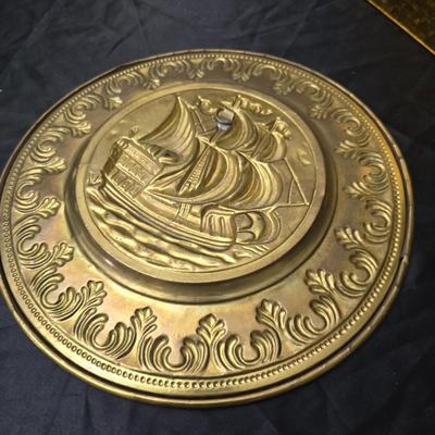 Vintage Brassware hammered look - metal divided bucket, oval metal container and an embossed ship wall hanging