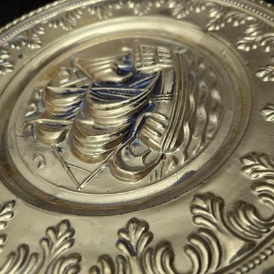 Vintage Brassware hammered look - metal divided bucket, oval metal container and an embossed ship wall hanging