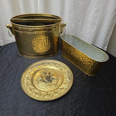 Vintage Brassware hammered look - metal divided bucket, oval metal container and an embossed ship wall hanging