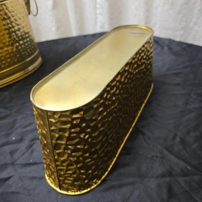 Vintage Brassware hammered look - metal divided bucket, oval metal container and an embossed ship wall hanging