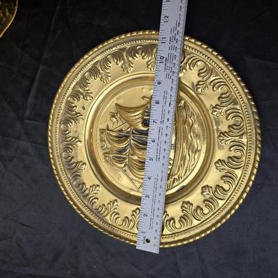 Vintage Brassware hammered look - metal divided bucket, oval metal container and an embossed ship wall hanging