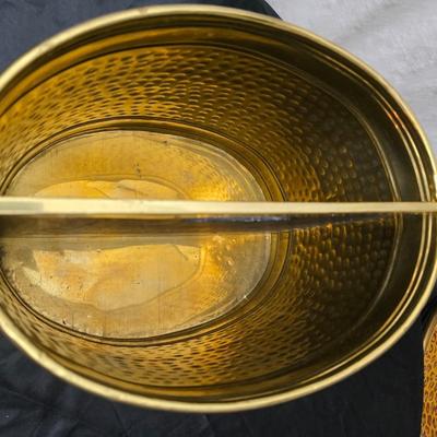 Vintage Brassware hammered look - metal divided bucket, oval metal container and an embossed ship wall hanging