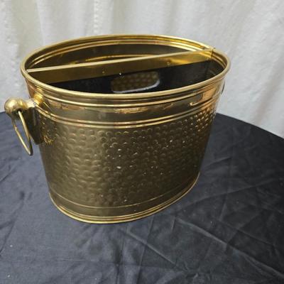 Vintage Brassware hammered look - metal divided bucket, oval metal container and an embossed ship wall hanging