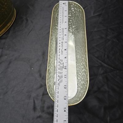 Vintage Brassware hammered look - metal divided bucket, oval metal container and an embossed ship wall hanging