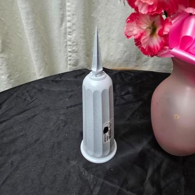 Faux flower bouquets one in glass vase, one in large blow mold Swan and tulip wall art