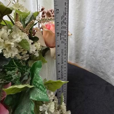 Faux flower bouquets one in glass vase, one in large blow mold Swan and tulip wall art
