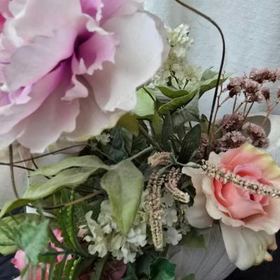 Faux flower bouquets one in glass vase, one in large blow mold Swan and tulip wall art