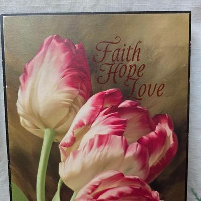 Faux flower bouquets one in glass vase, one in large blow mold Swan and tulip wall art