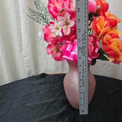 Faux flower bouquets one in glass vase, one in large blow mold Swan and tulip wall art
