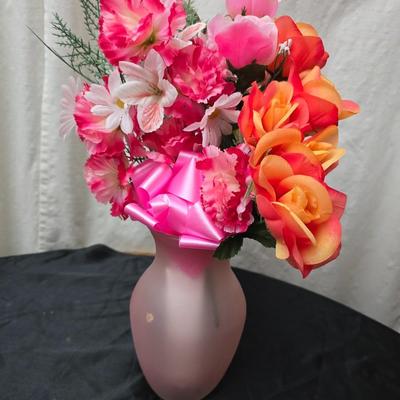 Faux flower bouquets one in glass vase, one in large blow mold Swan and tulip wall art