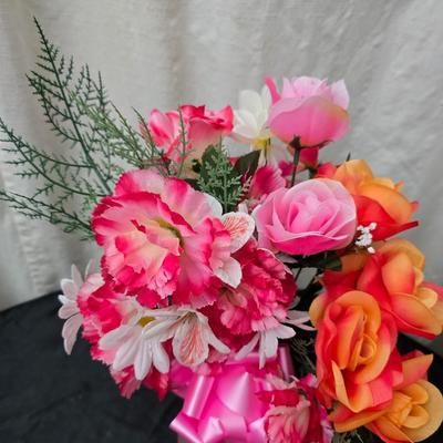 Faux flower bouquets one in glass vase, one in large blow mold Swan and tulip wall art
