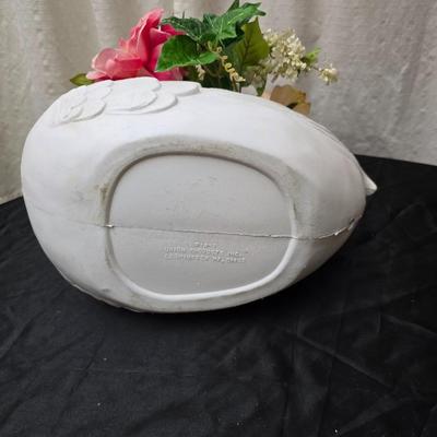 Faux flower bouquets one in glass vase, one in large blow mold Swan and tulip wall art
