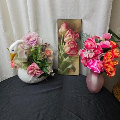 Faux flower bouquets one in glass vase, one in large blow mold Swan and tulip wall art