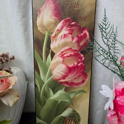 Faux flower bouquets one in glass vase, one in large blow mold Swan and tulip wall art