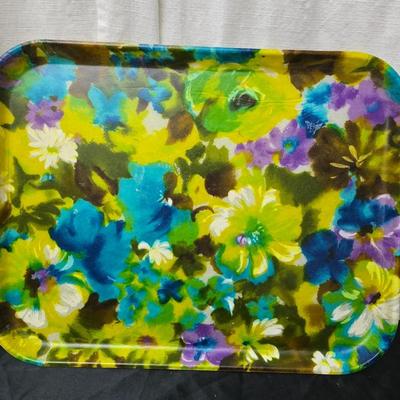 Matching Mid-century floral trio - fiberglass tray with chip and dip bowls