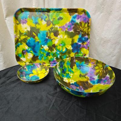 Matching Mid-century floral trio - fiberglass tray with chip and dip bowls