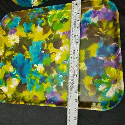 Matching Mid-century floral trio - fiberglass tray with chip and dip bowls