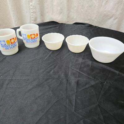 Vintage FireKing Mcdonalds mugs and three small FireKing bowls