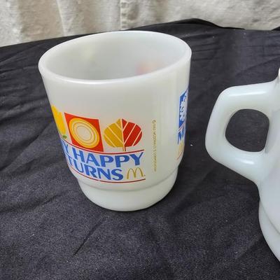 Vintage FireKing Mcdonalds mugs and three small FireKing bowls