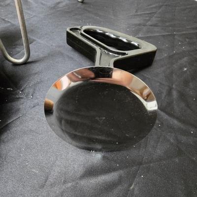 Vintage wearever aluminum strainer with stand and a Boyertown meat grinder with grinding discs