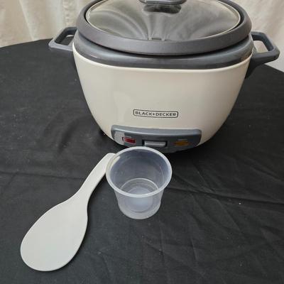 Like new rice cooker with large corning ware dish and some plastic storage containers