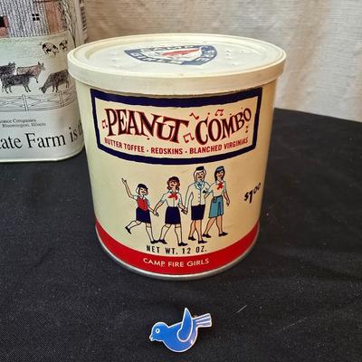 Vintage collectible and new Tins - campfire girls tin with blue bird pin - tea containers - vintage coffee and more