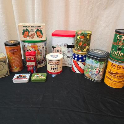 Vintage collectible and new Tins - campfire girls tin with blue bird pin - tea containers - vintage coffee and more