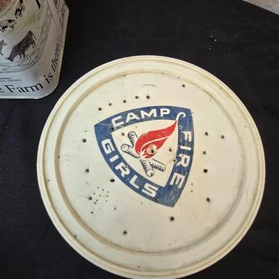 Vintage collectible and new Tins - campfire girls tin with blue bird pin - tea containers - vintage coffee and more