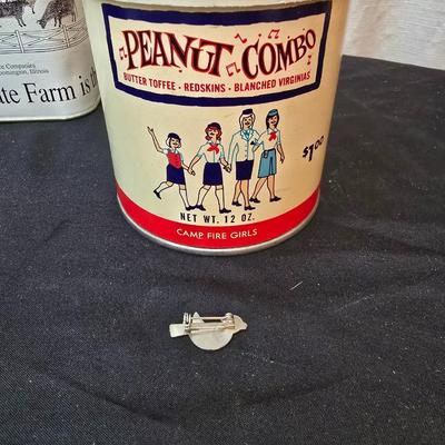 Vintage collectible and new Tins - campfire girls tin with blue bird pin - tea containers - vintage coffee and more