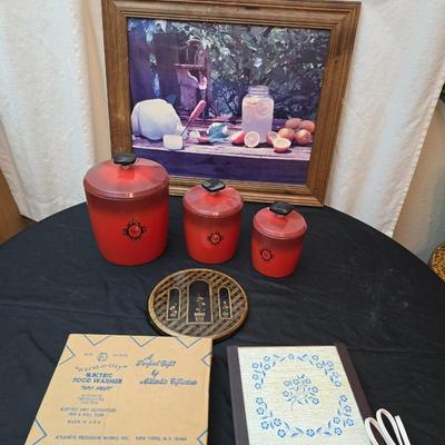 Vintage metal kitchen canister set with wall art and a electric warm - o - tray food warmer