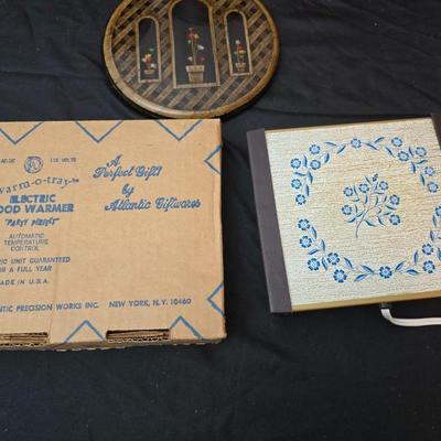 Vintage metal kitchen canister set with wall art and a electric warm - o - tray food warmer