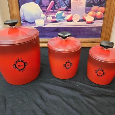 Vintage metal kitchen canister set with wall art and a electric warm - o - tray food warmer