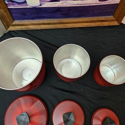 Vintage metal kitchen canister set with wall art and a electric warm - o - tray food warmer