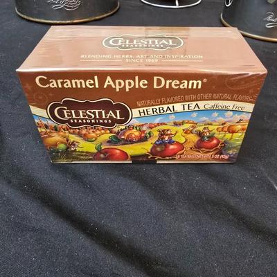 Let's have some fall tea! Two reverwear tea kettles with sets of mugs and some Carmel apple tea to share