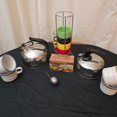 Let's have some fall tea! Two reverwear tea kettles with sets of mugs and some Carmel apple tea to share