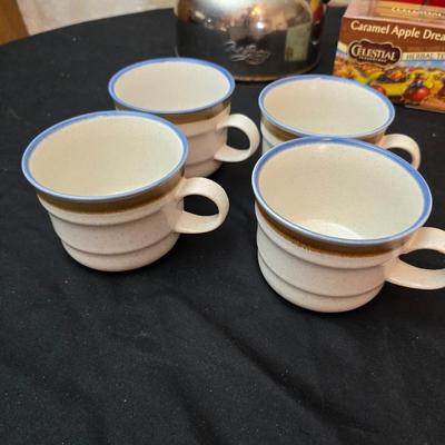 Let's have some fall tea! Two reverwear tea kettles with sets of mugs and some Carmel apple tea to share